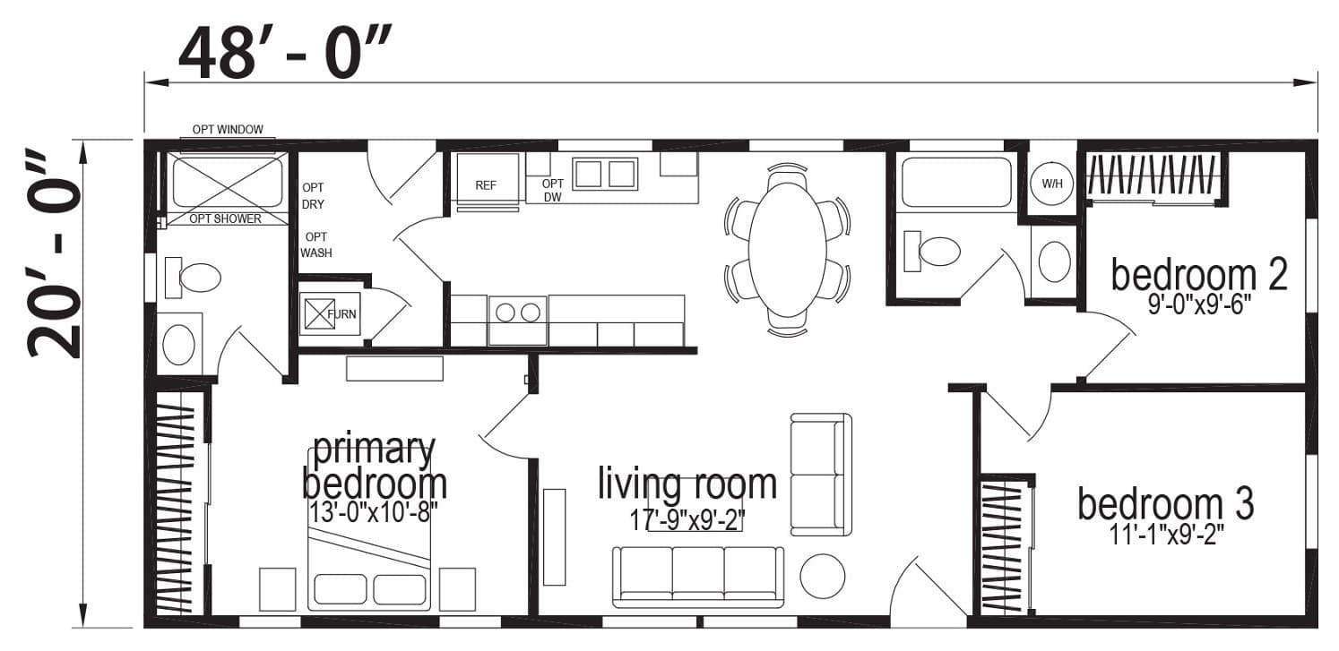 Floor plan for the Skyline Champion Amber Cove 4617J, 48 feet by 20 feet